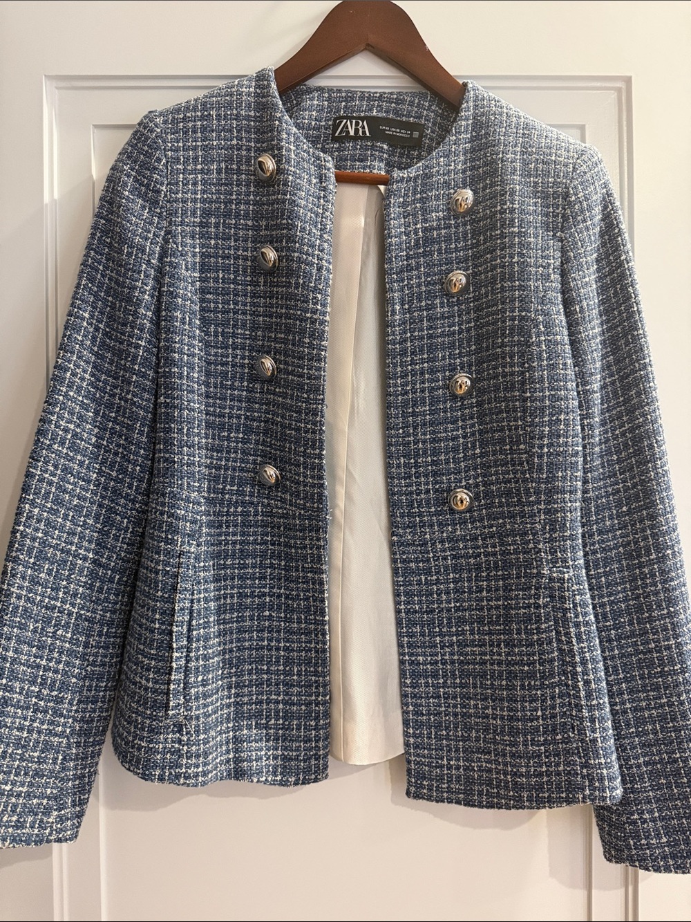 ZARA Blue Tweed Button-Front Jacket size XS